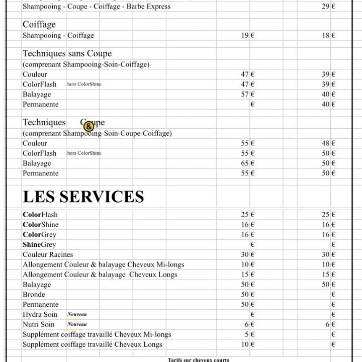 Carte des prix